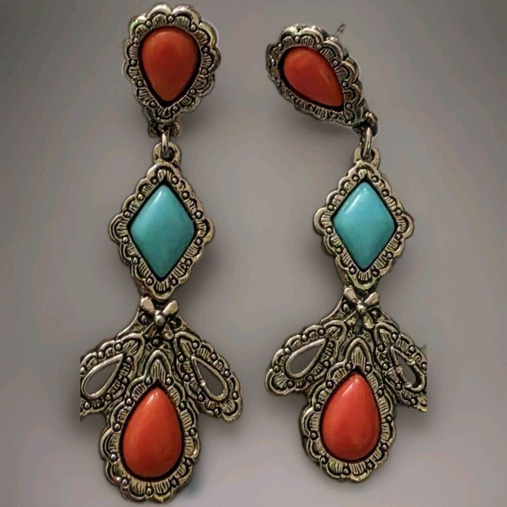 ​Vtg Southwestern Chandelier Dangle Earrings Faux Turquoise Coral Boho Silver